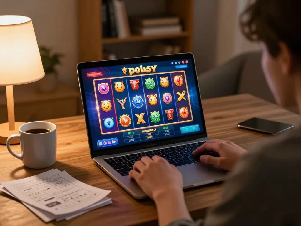 Terlibat dalam permainan slot pulsa di laptop dalam suasana rumah yang nyaman