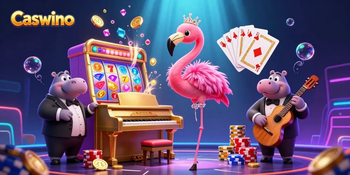 Experience Caswino casino with dynamic gaming fun featuring a flamingo singer and hippo bassist amidst colorful slots and coins.
