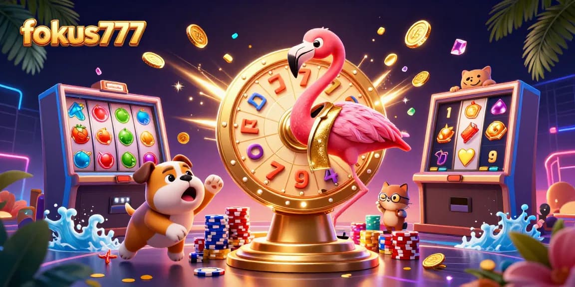 Engage with fokus777's thrilling slot games as a flamingo host and a bulldog contestant celebrate prizes.