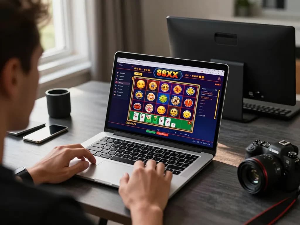 Engaging in online gaming with 88xx on a laptop, showcasing dynamic casino graphics and strategic gameplay.