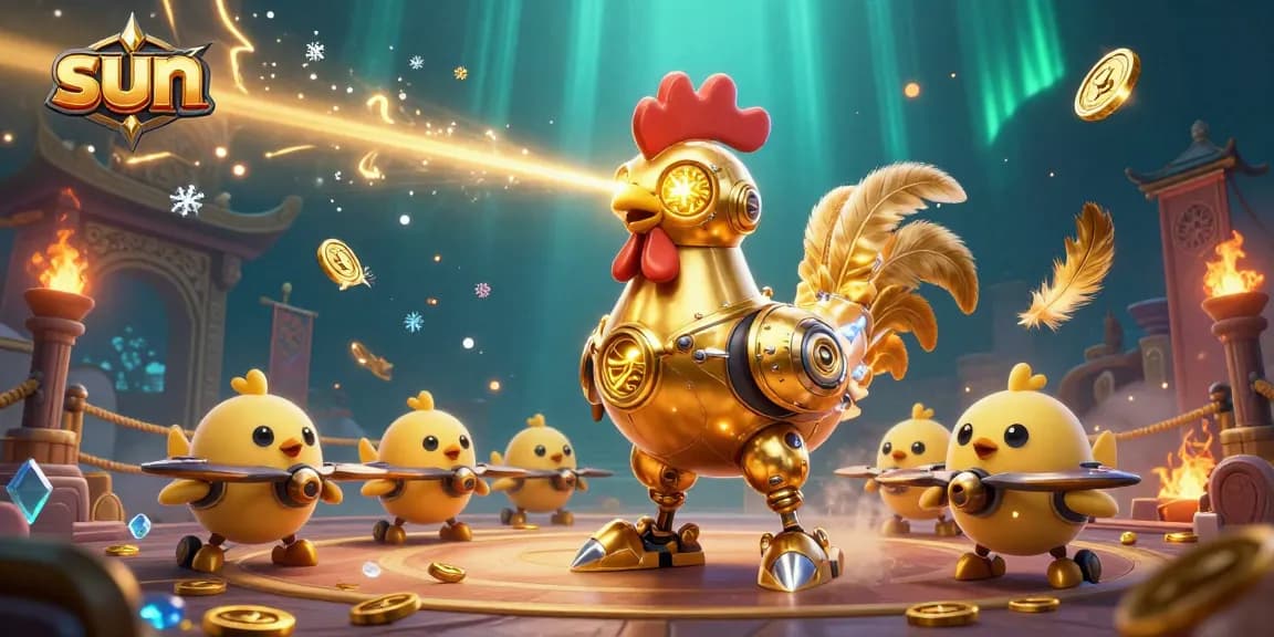 Experience thrilling gameplay at sun-themed casino with dazzling gold coins, robots, and dynamic action.