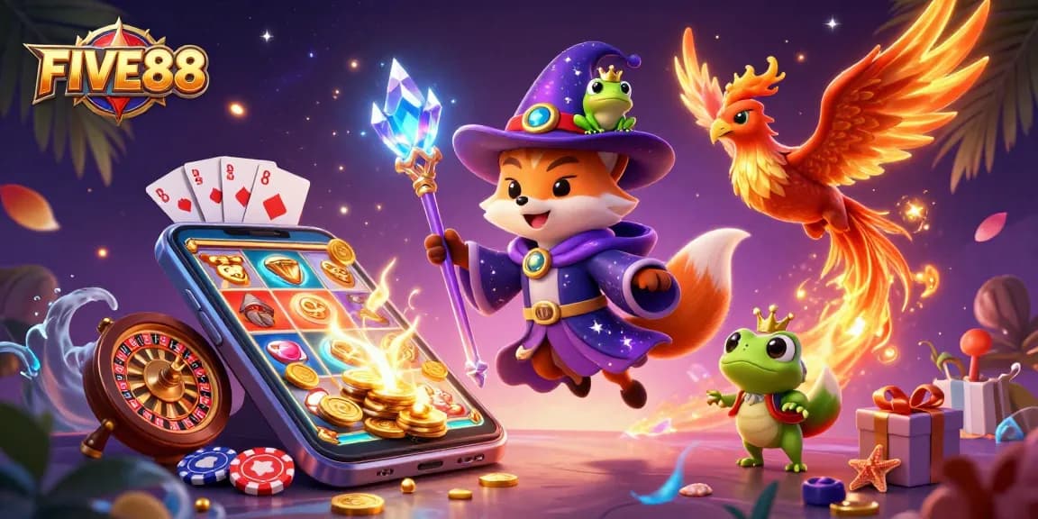 FIVE88 captures the excitement of online gaming with a wizard fox, phoenix, and vibrant casino elements.
