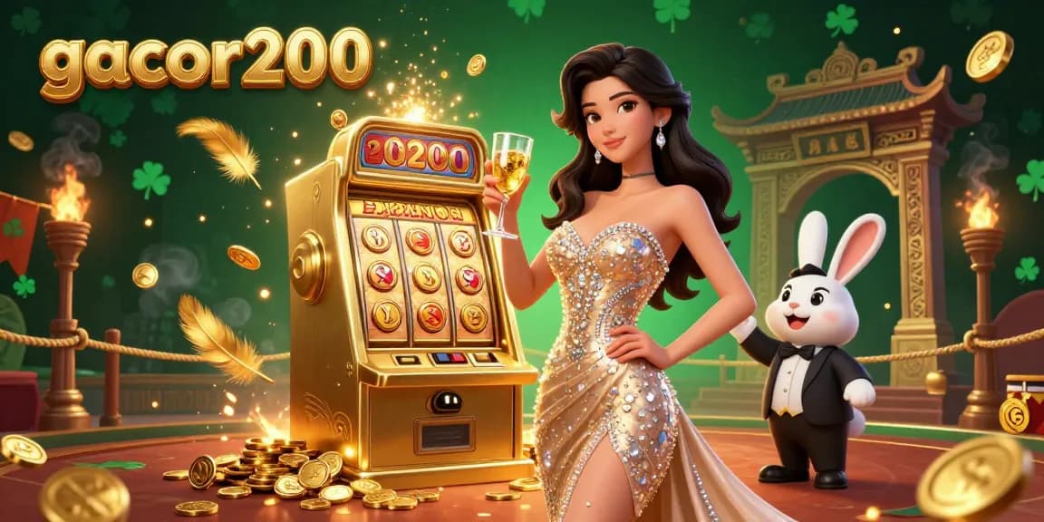 Engage with gacor200's casino experience featuring a glamorous woman celebrating beside a jackpot slot machine.