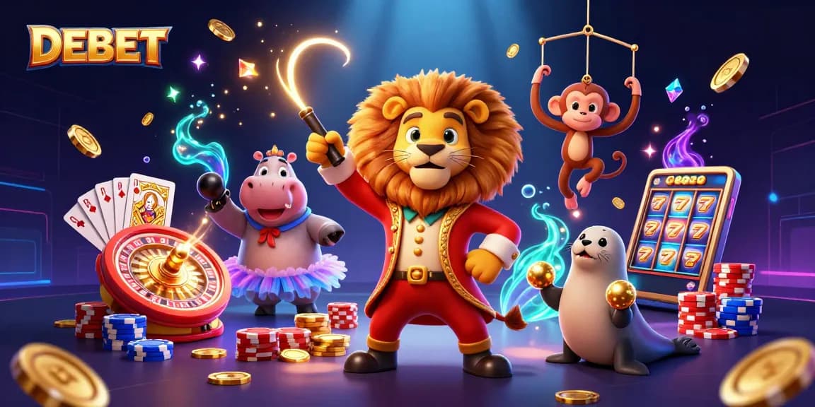 DEBET gaming excitement with vibrant characters and dynamic casino elements in a festive atmosphere