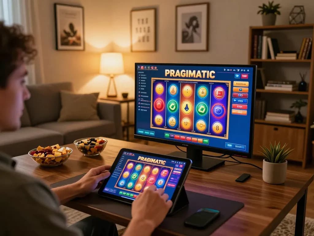 Player engaged in Pragmatic Slot gameplay on a tablet at home with snacks and warm lighting.