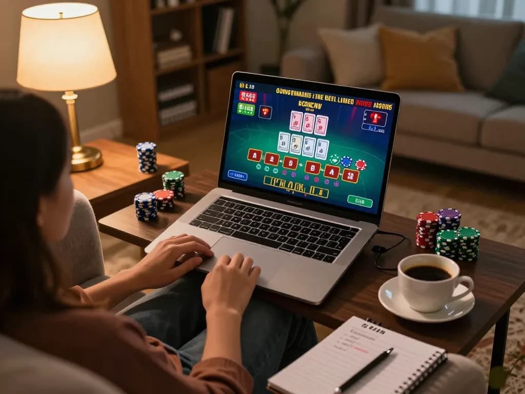 Engaging in online Baccarat at home using a laptop, showcasing dynamic Kasino gameplay.