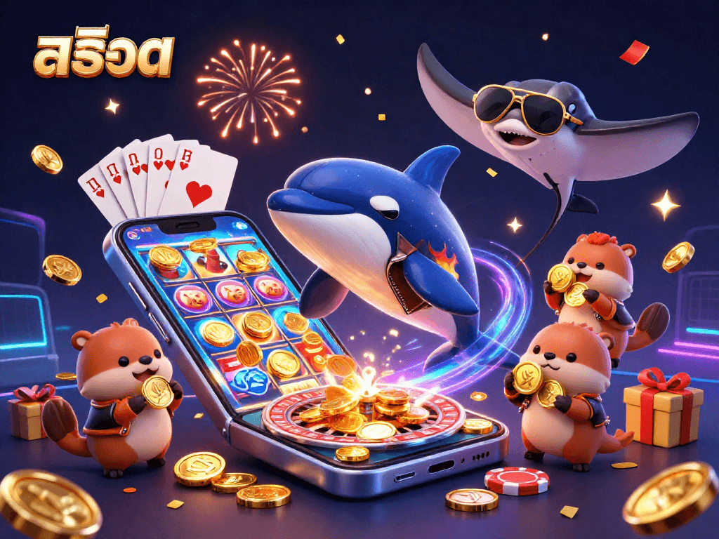 Spin the สล็อต reels with excitement featuring a cheerful orca, cool stingray, and sea otters holding golden coins.