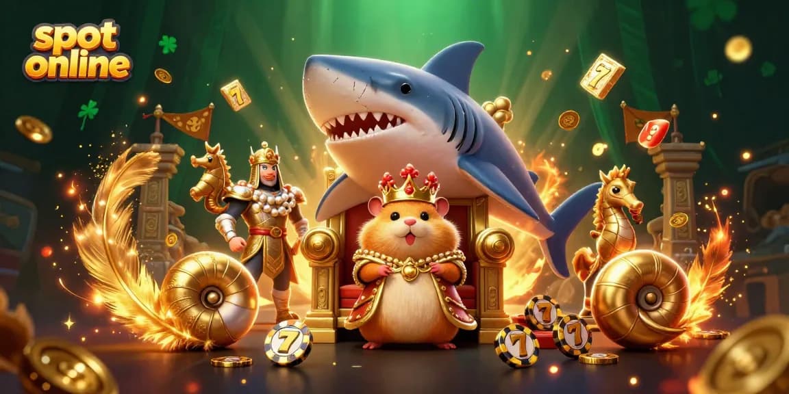 Slot online menarik dengan raja hamster emas dan penjaga kuda laut di latar belakang kasino