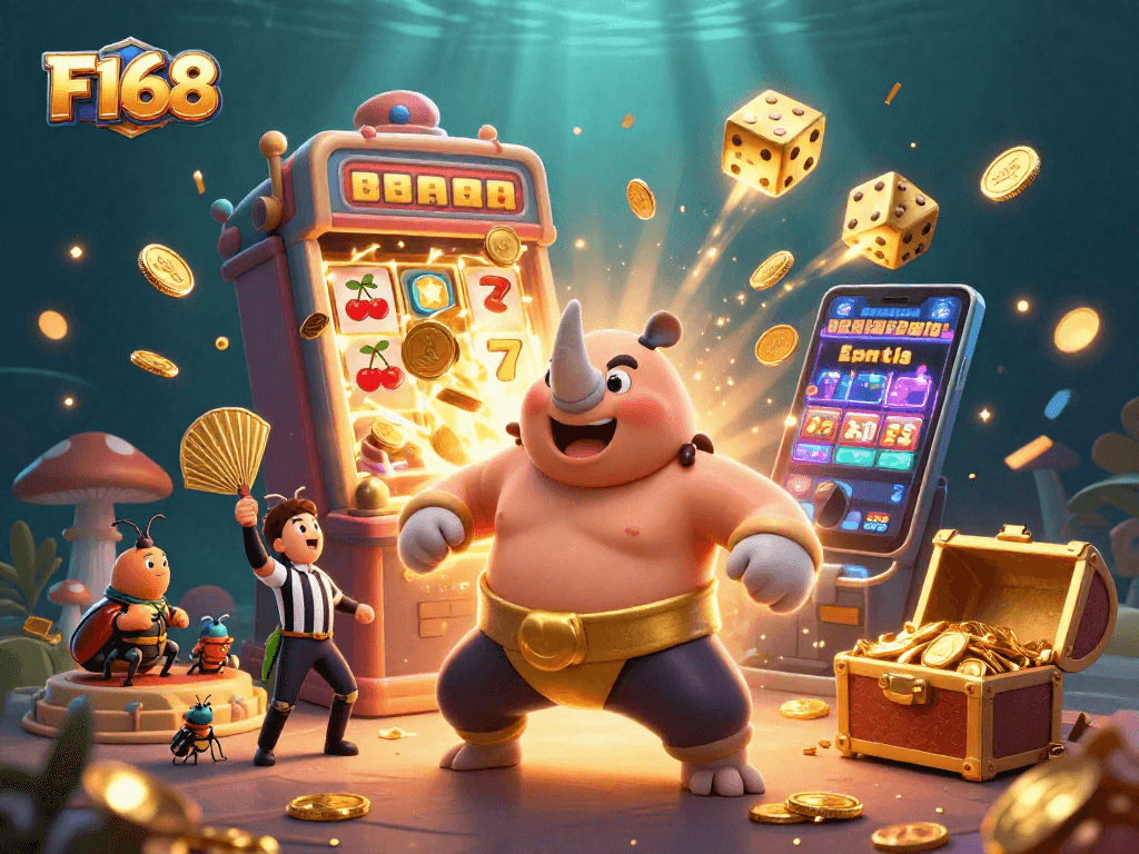 Experience F168's vibrant world of gaming with our exciting illustrated scene of a nightlife casino extravaganza.
