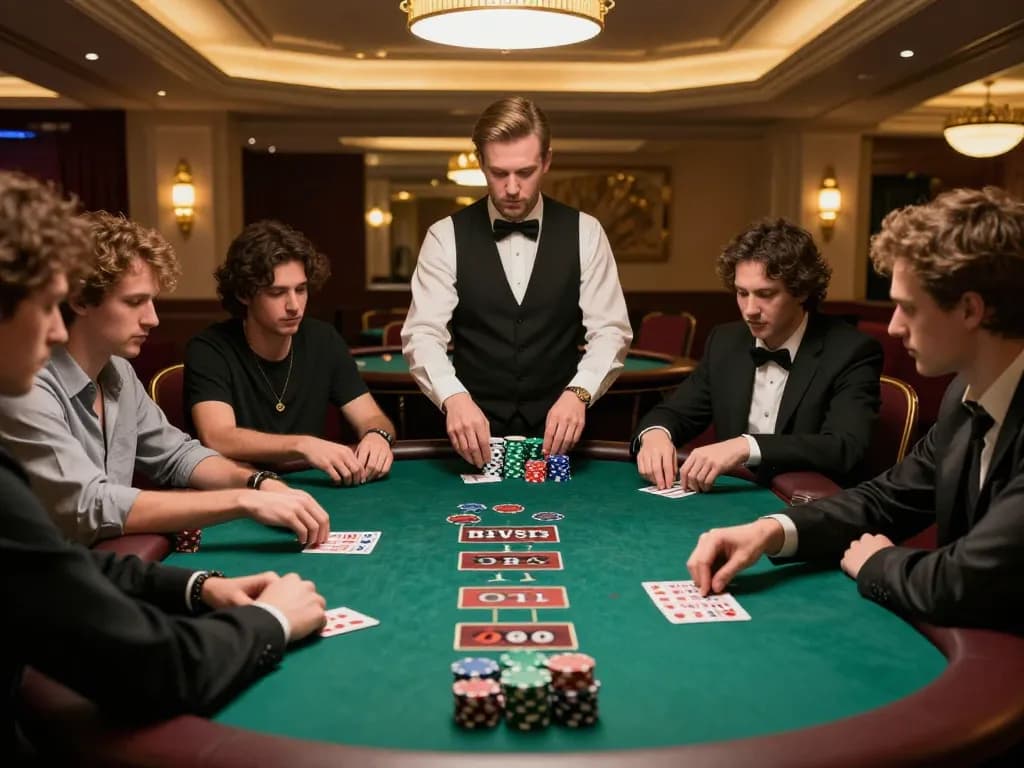 Intensely focused players at iwin club poker table making strategic bets.