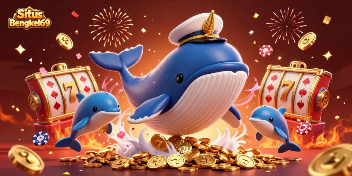 Experience gameplay excitement on Situs Bengkel69 with playful whales and dolphins dancing among slot reels and coins.