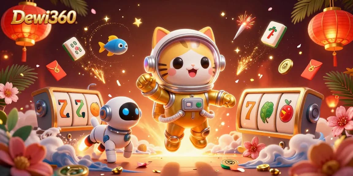 Dewi360 menghidupkan permainan dengan karakter kucing astronaut dan anjing robot dalam suasana kasino yang ceria.