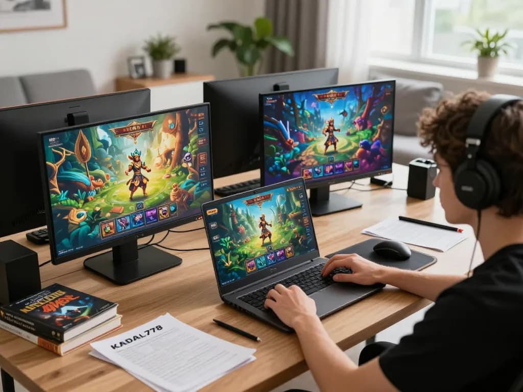 KADAL778 user actively playing online casino game in a cozy home gaming setup with vibrant screens.