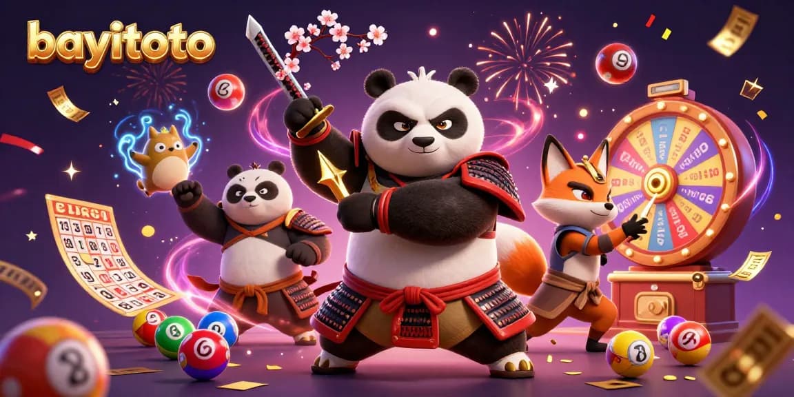 Win big with bayitoto as the samurai panda and ninja fox celebrate in a vibrant casino scene.