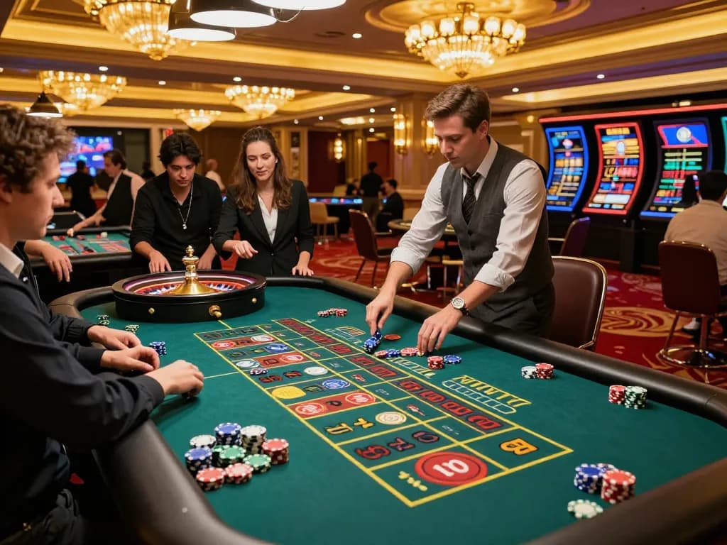 Bangsawan88 players enjoying an exciting roulette game at a luxurious casino, showcasing vibrant chips and dynamic betting.