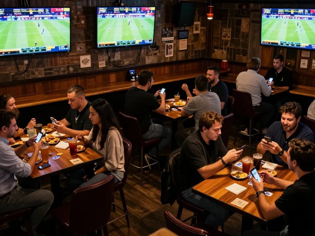 Online sports betting environment showing enthusiasts engaging with kèo nhà cái on smartphones, dynamic atmosphere.