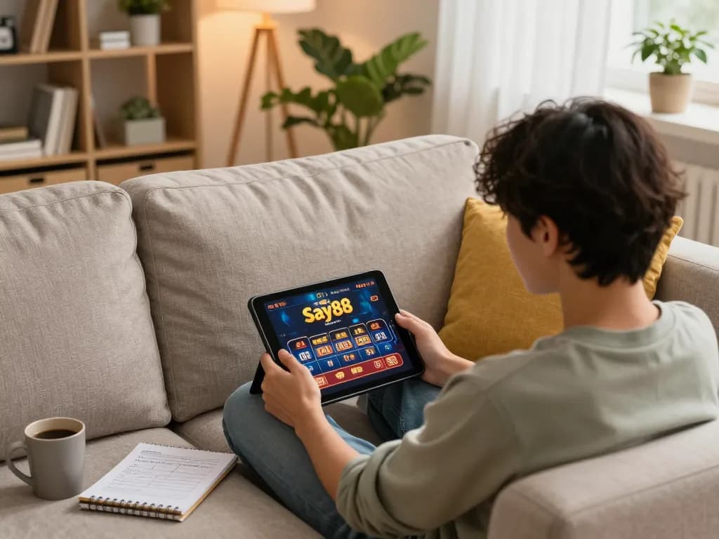 Person enjoying Say88 online casino games on tablet in a cozy home environment.