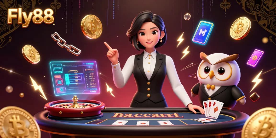 Engage with Fly88's vibrant online casino atmosphere featuring professional dealers and crypto elements.