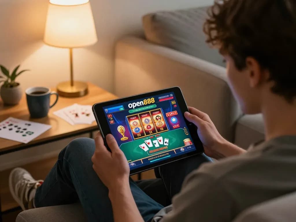 Engaged player enjoying the open888 casino app on tablet in a cozy home setting, focusing on smart gaming strategy.