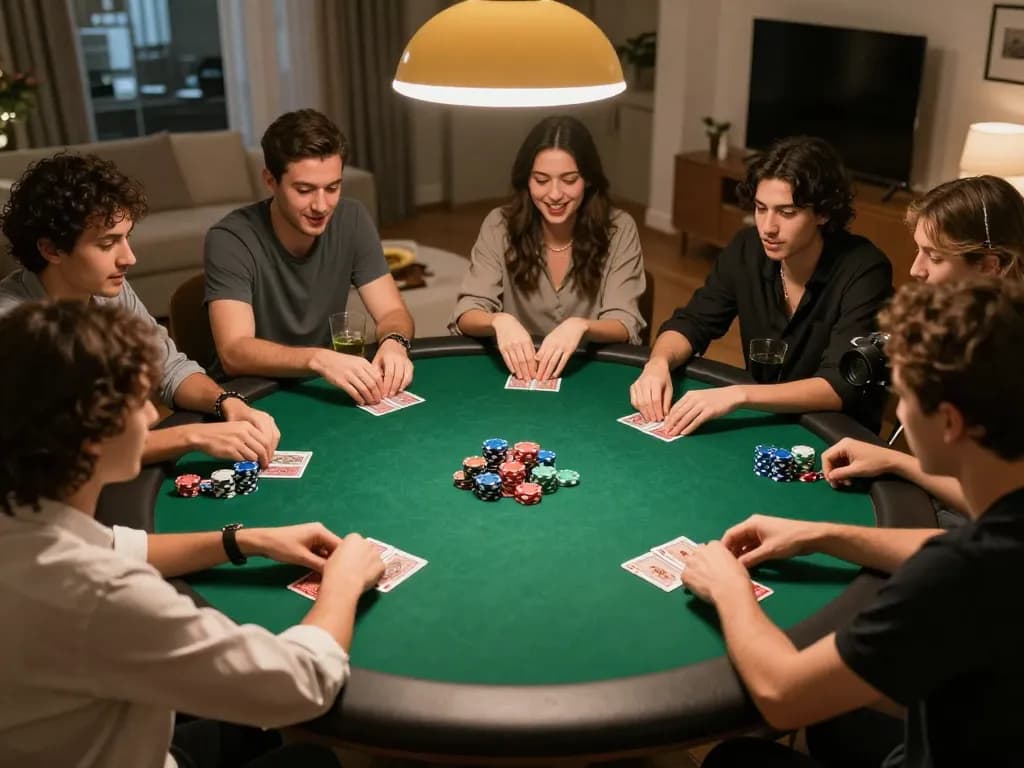 nhà cái 388bet players enjoying a strategic poker game around a vibrant home table, highlighting camaraderie and competition