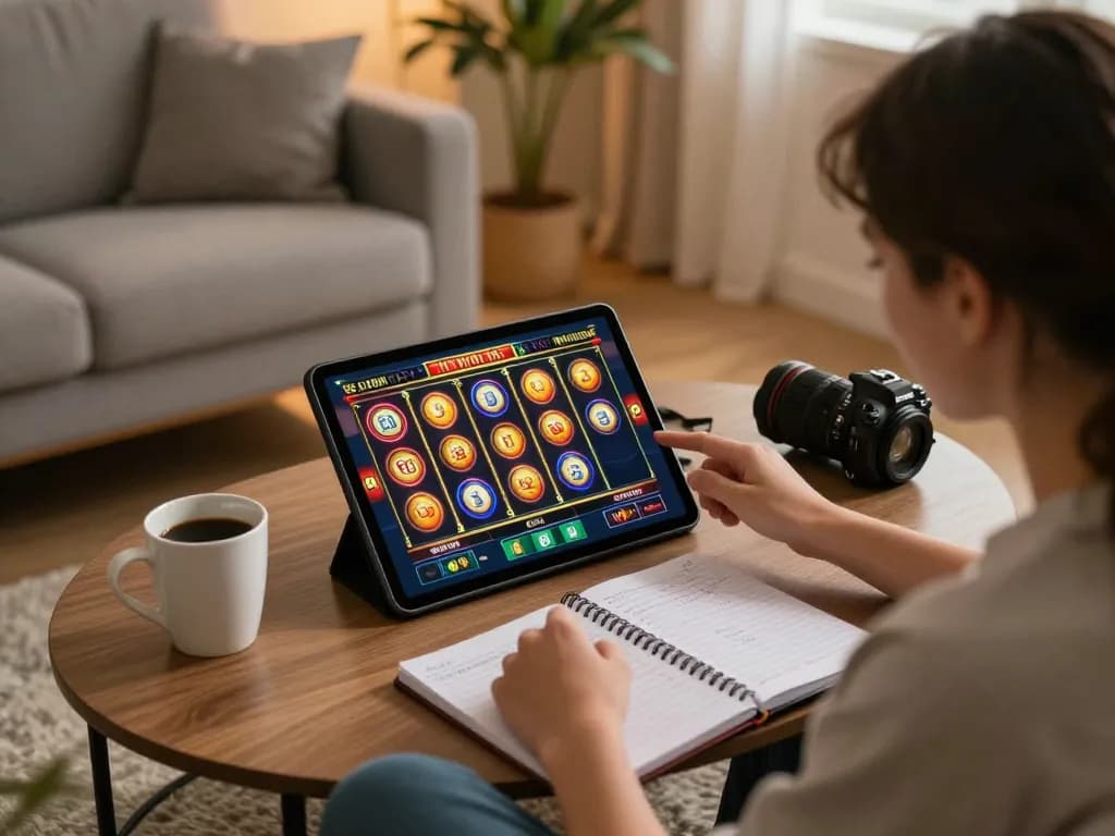Suasana permainan online yang menarik dengan tablet aman788 menampilkan gulungan permainan slot, menyoroti kegembiraan dan strategi.