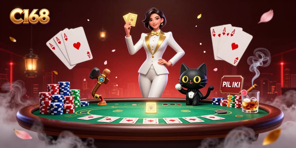 Engage in thrilling C168 casino adventures with a glamorous dealer and her playful cat.