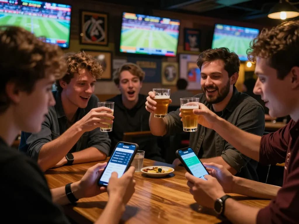 Fans celebrating their winning bets on IDCASH88 while watching live sports in an energetic bar.