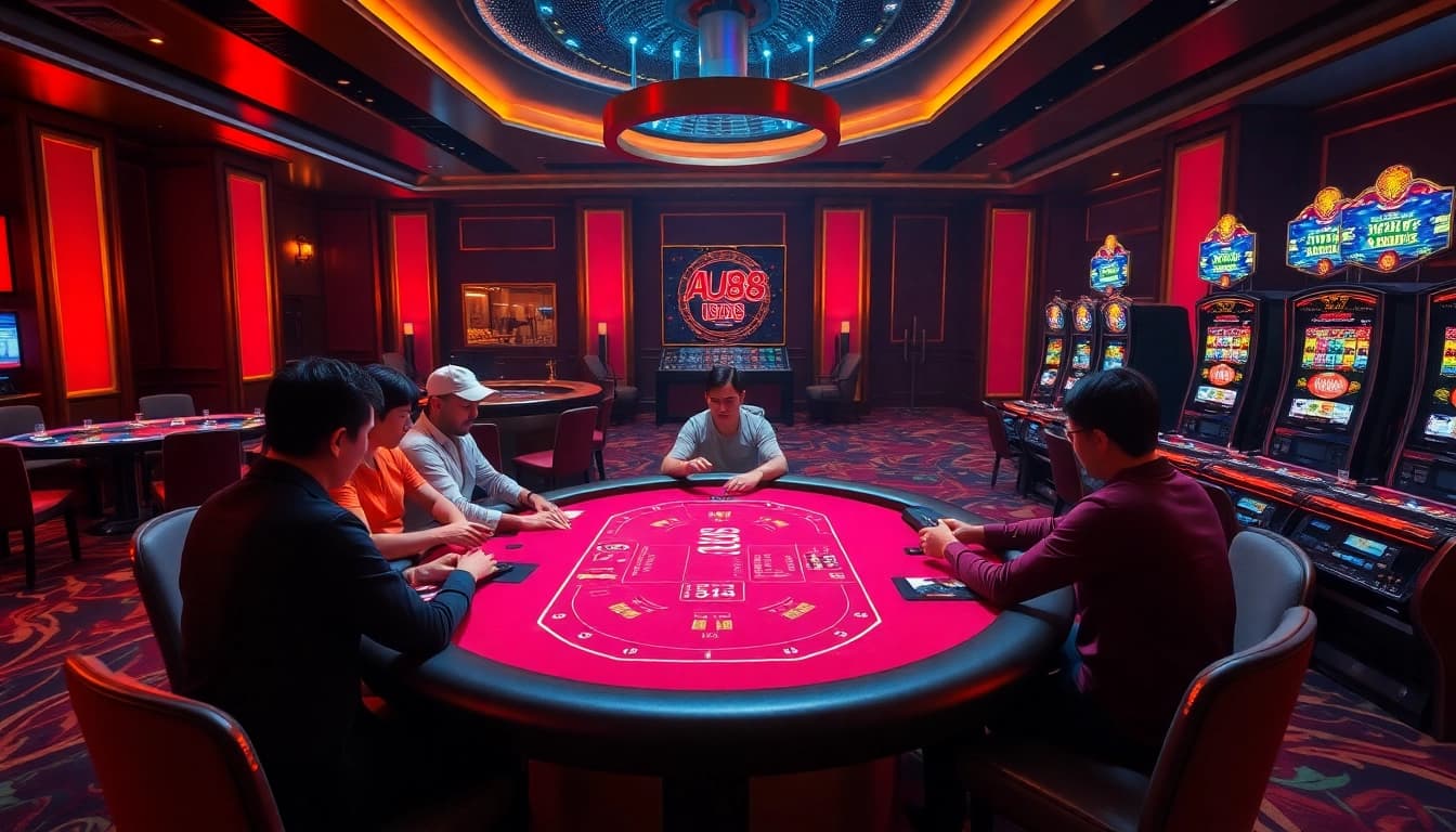 Players enjoying thrilling poker games at AU88 casino table with vibrant chips and cards.