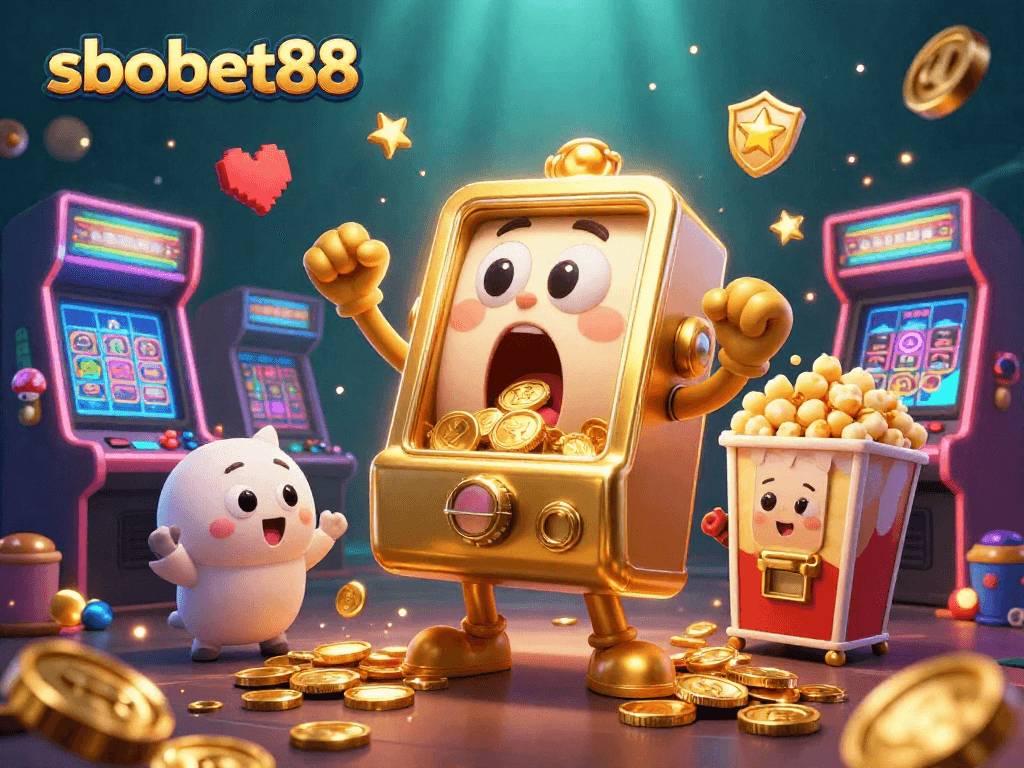 SBOBET88 slot machine celebrating a jackpot, surrounded by cheering baby slots and golden coins.