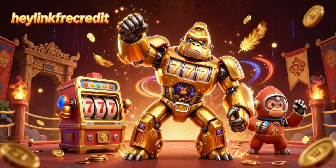 heylinkfreecredit showcases a golden gorilla mech with a jackpot counter in an explosive casino scene