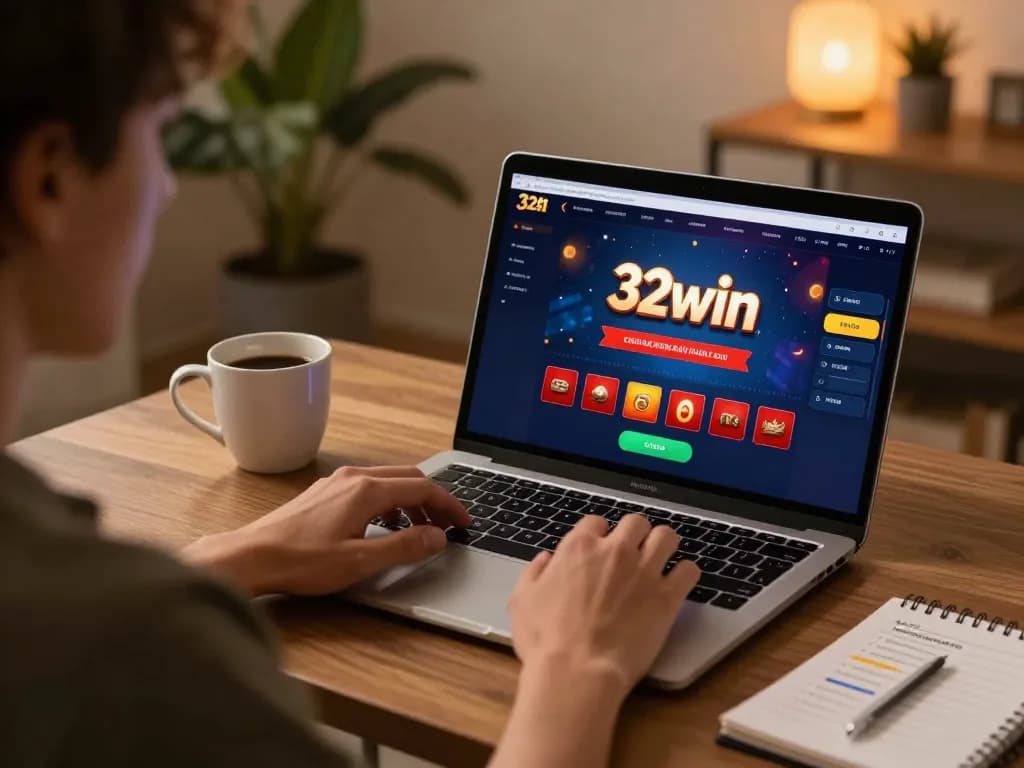 Engaging gameplay with 32win casino interface on laptop in a cozy home setting
