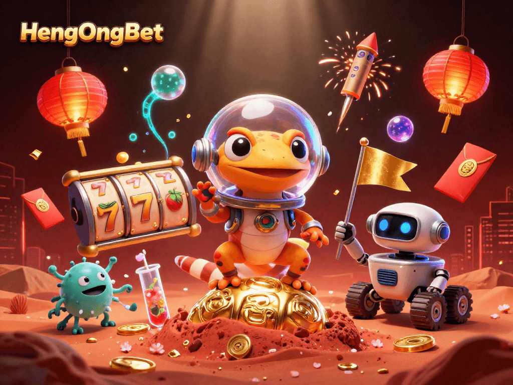 Experience thrilling gameplay at HengOngBet with an exciting scene of a Martian gecko discovering a casino.