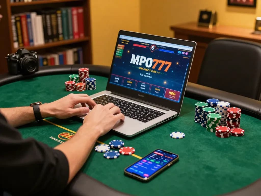 Pemain MPO777 terlibat dalam permainan kasino online dengan chip poker berwarna-warni dan statistik permainan terlihat di smartphone.