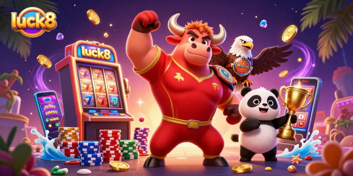 Engage in thrilling jackpots at luck8 featuring a vibrant casino scene with animated characters.