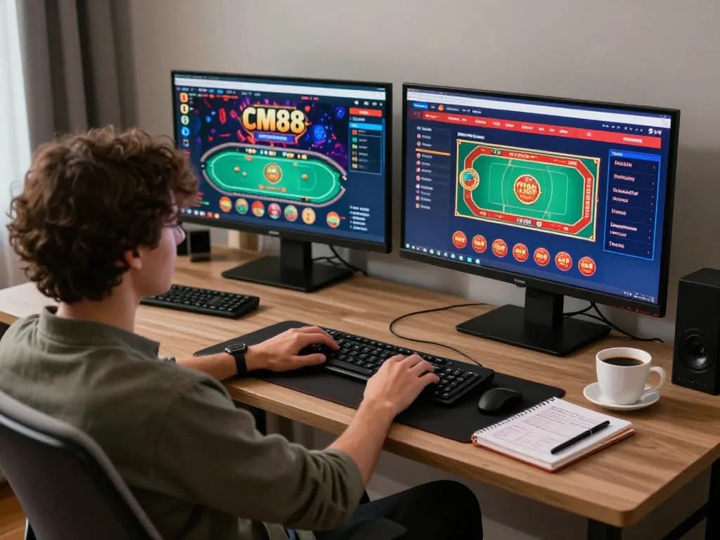 Player engaging with CM88 online casino games in a cozy home setup, showcasing modern technology and responsible gaming.