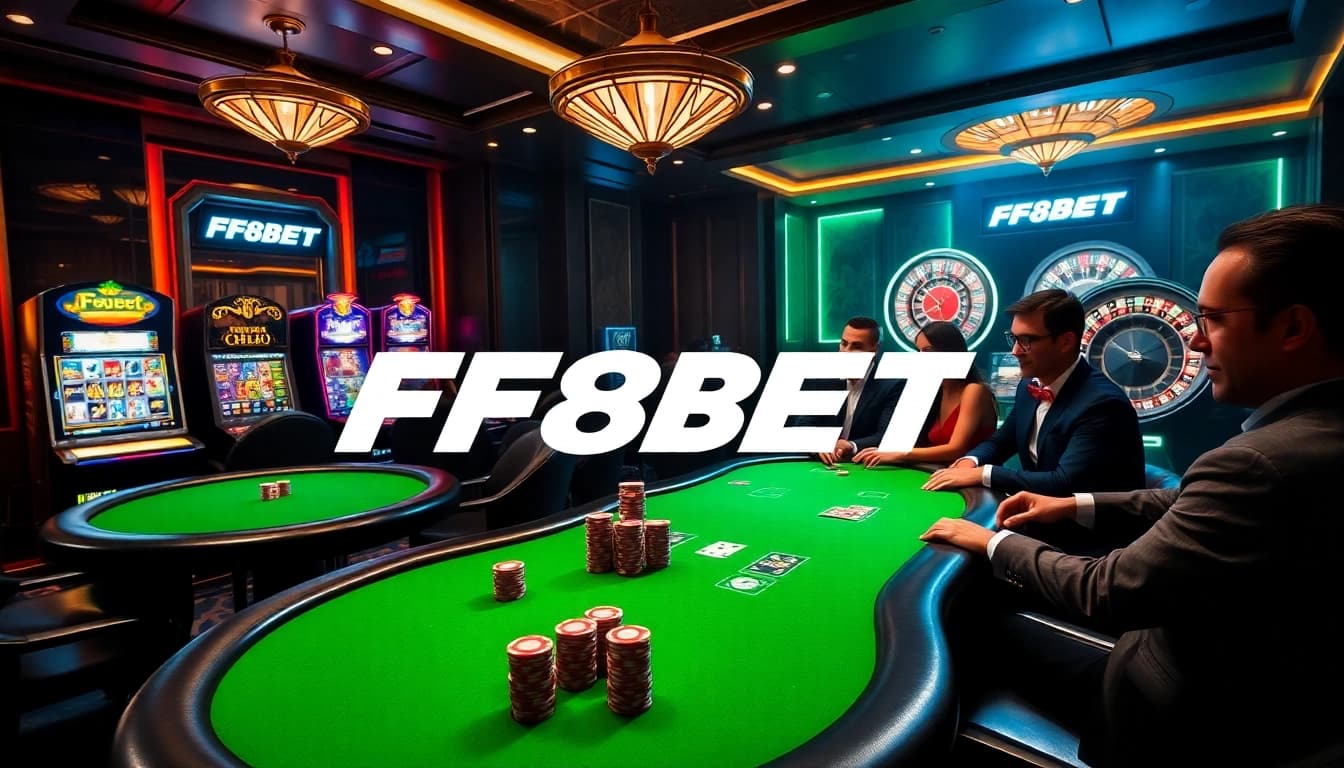 Engage in high-stakes poker at F8BET's luxurious casino table scene, showcasing vibrant gameplay.