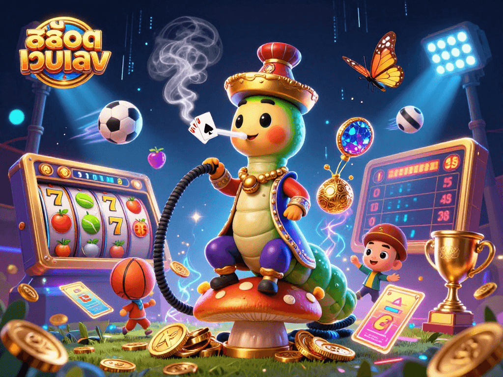 Experience the thrill of สล็อตเว็บตรง with dynamic gaming symbols and engaging characters in a fantastical casino scene.