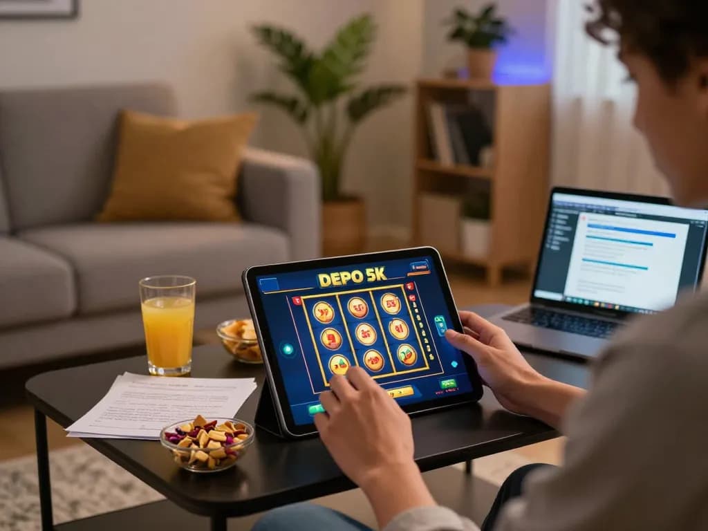 Engaging mobile gaming with slot depo 5k on tablet in cozy living room setting