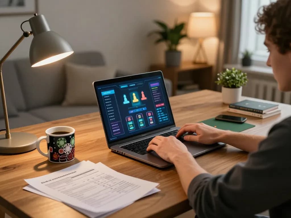 Engaging in strategic gameplay at home with BK8, showcasing online poker on a laptop.