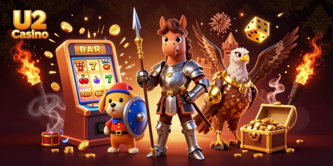 Win big with U2 Casino in a vibrant, action-packed 3D illustration showcasing thrilling gaming elements.