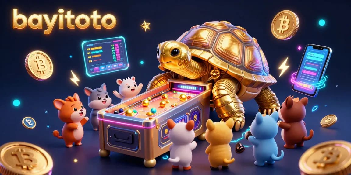Experience gaming excitement with bayitoto's vibrant digital casino scene featuring a golden tortoise and lively cryptocurrency elements.