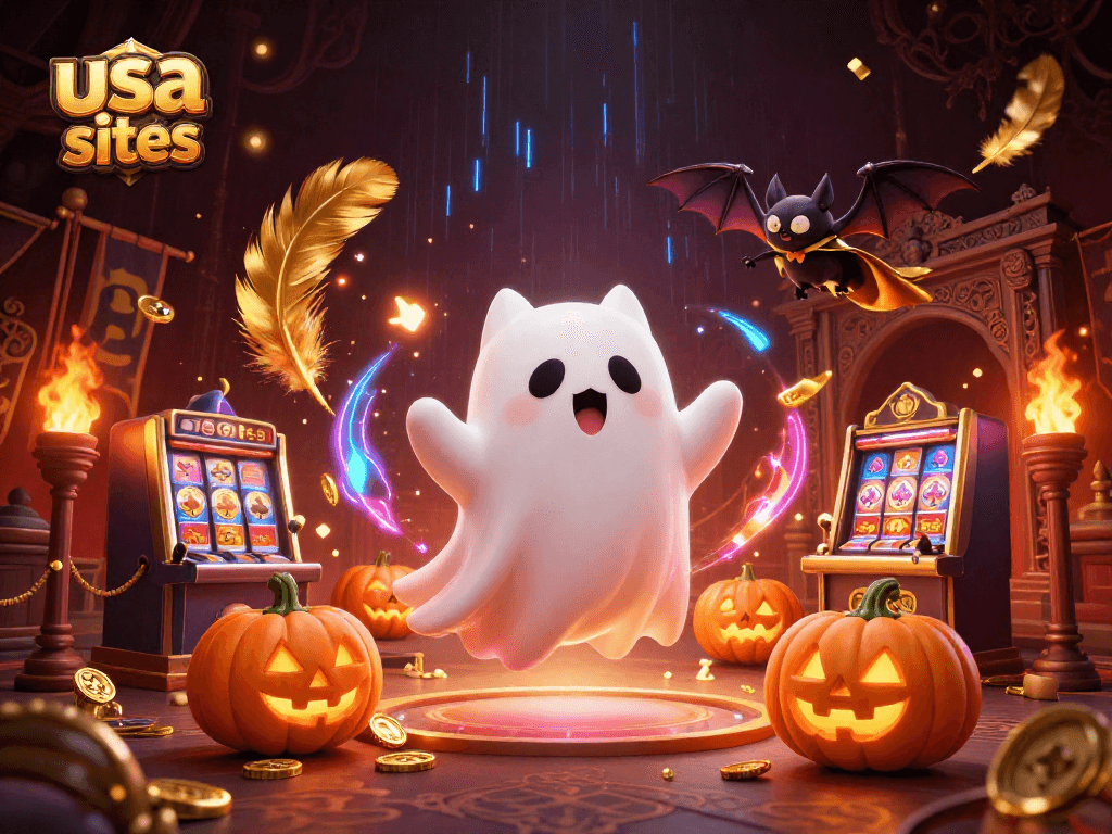 Explore usa slot sites with a ghost cat and bat in a vibrant casino scene filled with slot machines and gold coins.