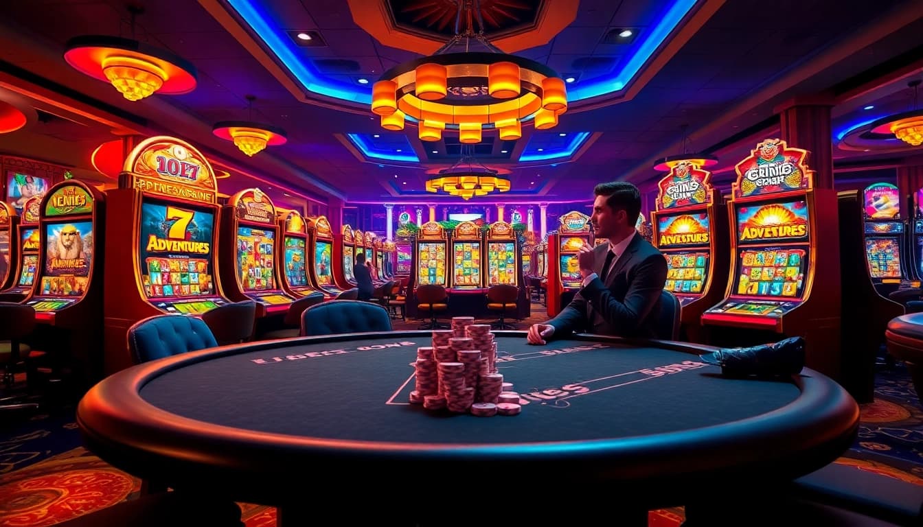 Players engaging in an exciting poker game and vibrant slot machines at i9bet casino.