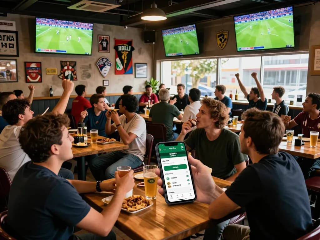 Fans engaging with cakhia tv live betting app while enjoying a soccer match at a vibrant sports bar.