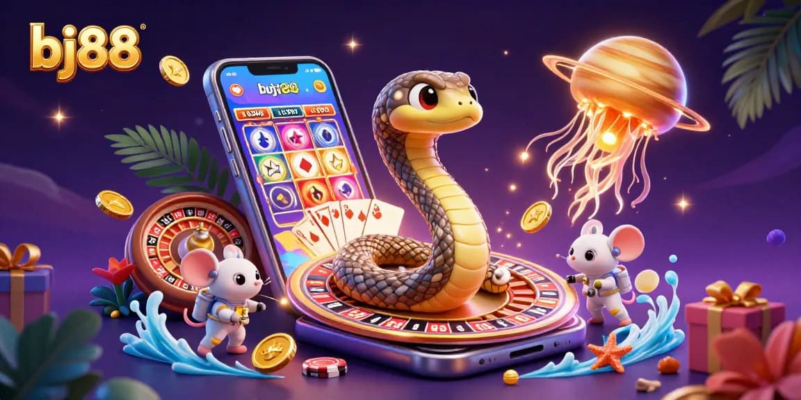 Place bets at bj88, featuring cartoon characters in a vibrant casino scene with roulette and slot games.