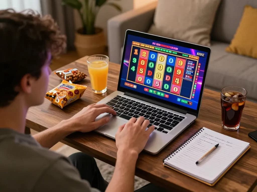 Player immerses in Hubet online slot machine game with vibrant screen and strategic notes