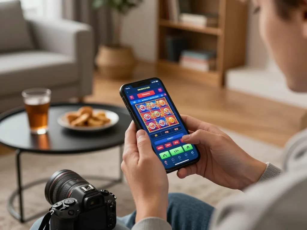 Mobile gaming session on lc88vina app in a cozy home setting with strategic gameplay.