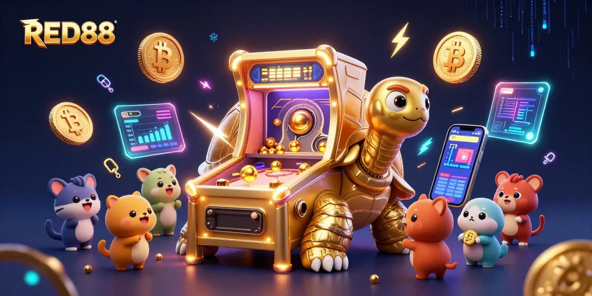 Experience thrilling excitement at RED88 with a vibrant 3D casino scene featuring unique characters and elements.