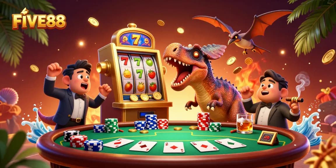 FIVE88 casino illustration of a dinosaur headbutting a slot machine for jackpot coins