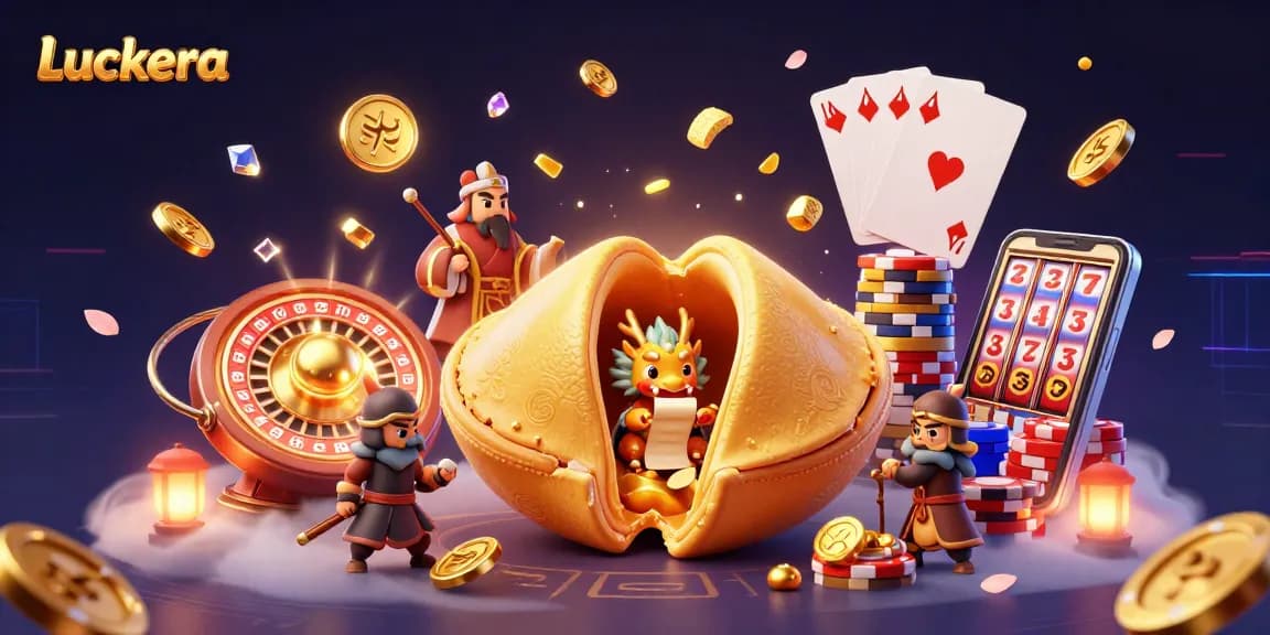 Luckera features a vibrant casino scene with golden coins, a wise dragon, and slot machine reels.